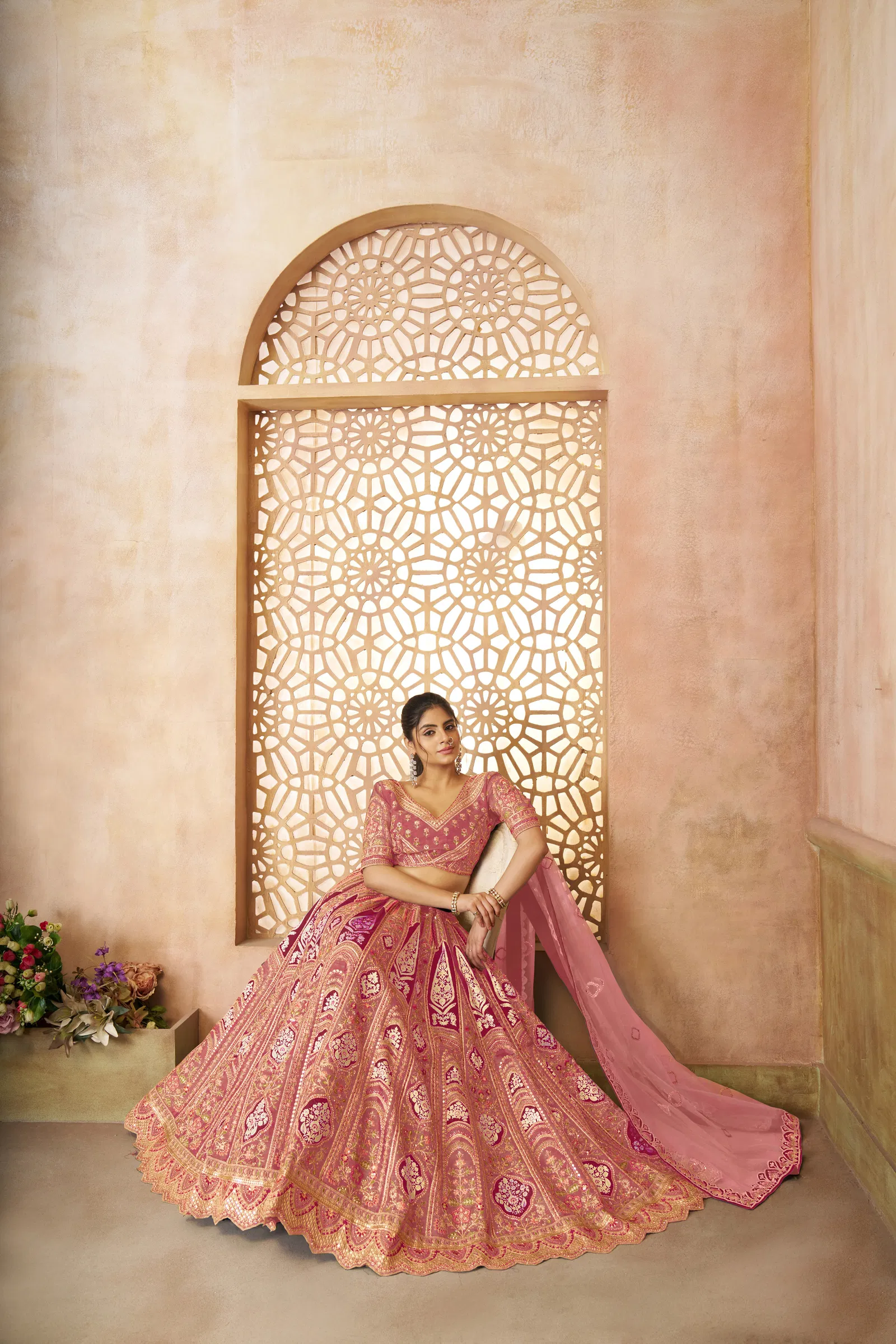 Kf 31 Pink Banarasi Silk Embroidered Lahenga For Wedding Wholesalers In Delhi

